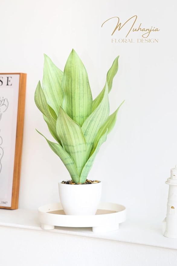 17" Artificial Snake Plant Potted,Fake Sansevieria Floor Plant Real Looking with White Planter for Centerpiece Home Decor (White&Green)