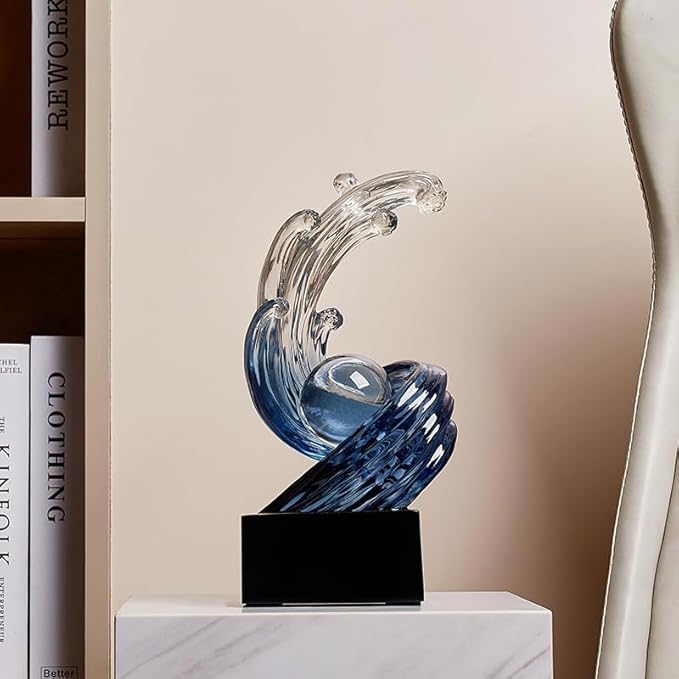 Modern Abstract Decorative Wave Statue, Blue Abstract Art Home Decor,Crystal Ball Art Wave Resin Sculpture, Office Desk Stand, Dining Table Center Decorative Aesthetics(B,Navy-Blue)