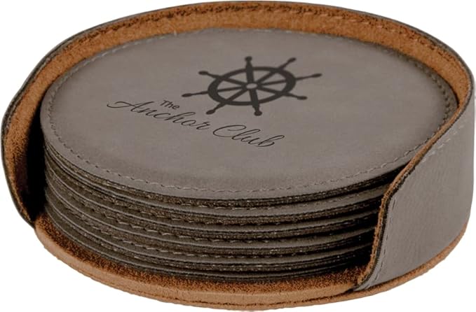 Custom Engraved Coasters | Personalized Leather Coaster | Set of 6 | Drink Coasters with Holder | Laser Engraved | Tabletop Protection | Gift for Couples (Round 4", Gray w/Black)