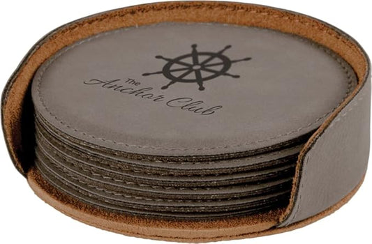 Custom Engraved Coasters | Personalized Leather Coaster | Set of 6 | Drink Coasters with Holder | Laser Engraved | Tabletop Protection | Gift for Couples (Round 4", Gray w/Black)