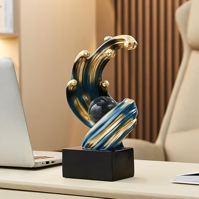 Modern Abstract Decorative Wave Statue, Blue Abstract Art Home Decor,Crystal Ball Art Wave Resin Sculpture, Office Desk Stand, Dining Table Center Decorative Aesthetics(B,Blue)