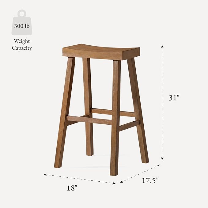 Maven Lane Kitchen Bar Stool, Modern Farmhouse Wood Stool, Kitchen Island Chairs, Pub Bar Height Stools for Kitchen, Wide Comfortable Seat Backless Bar Stools, Vincent 31", Antiqued Natural, Set of 2