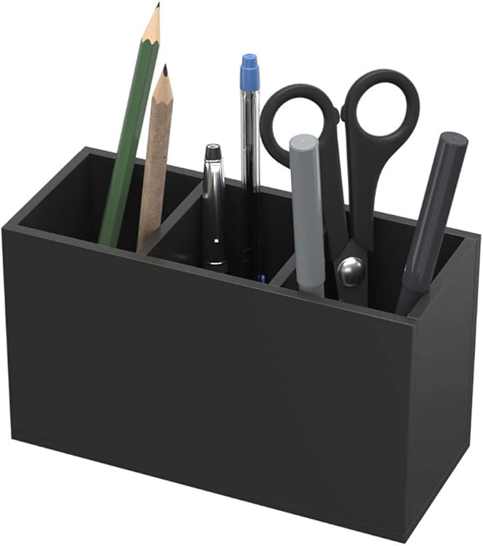 NIUBEE Acrylic Pen Holder 3 Compartments, Black Pencil Organizer Cup for Countertop Desk Accessory Storage