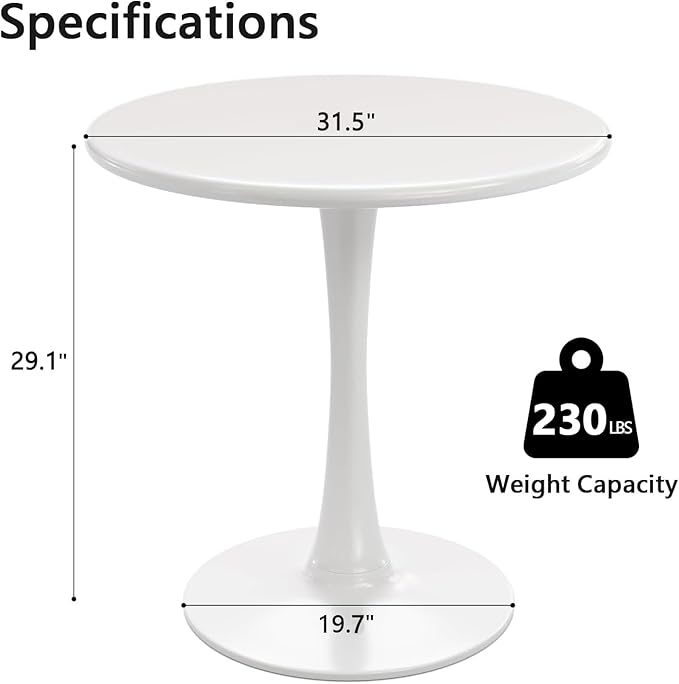 Round White Dining Table, 31.5" Tulip Table, Round Dining Table with Pedestal Base, White Dining Table for 1-4 Person, Mid-Century Leisure Table for Kitchen, Living Room, Restaurant, Cafe