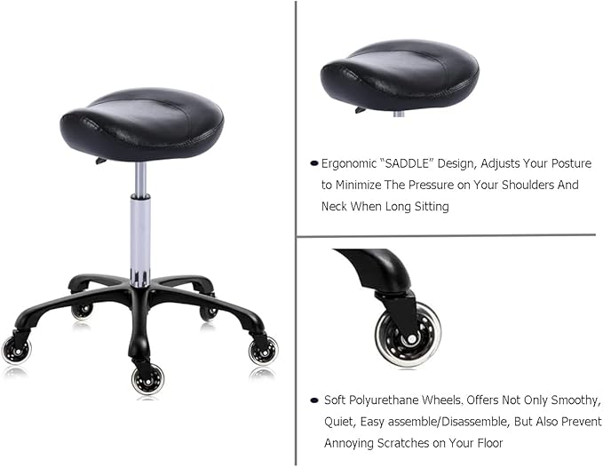 Hydraulic Saddle Stool with Wheels Height Adjustable Stylish Ergonomic Rolling Swivel Chair for Hygienic Clinic Salon Tatoo Massage Office (Black)
