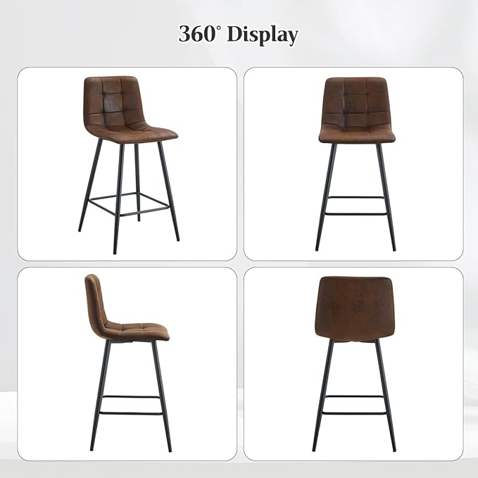 Brown Barstools Set of 2, 24.4" Counter Height Bar Stools with Back & Metal Footrest, Modern Island Chairs Set of 2 for Kitchens Island Home Bar