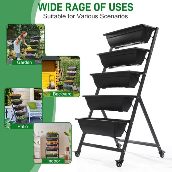 5 Tiers Vertical Garden Raised Beds with Mobile Legs Elevated Planter Boxes with 5 Container Boxes Vertical Raised Garden Planter Outdoor with Drainage Holes & Removable Pale Black Raised Bed Box