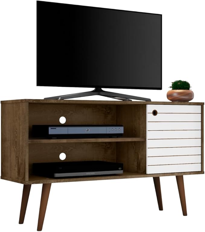 Manhattan Comfort Liberty Mid Century Modern TV Stand for Televisions up to 46 Inches, Bedroom and Living Room Entertainment Center with Storage, Shelves, and Cabinet, 43" Wide, Rustic Brown/White
