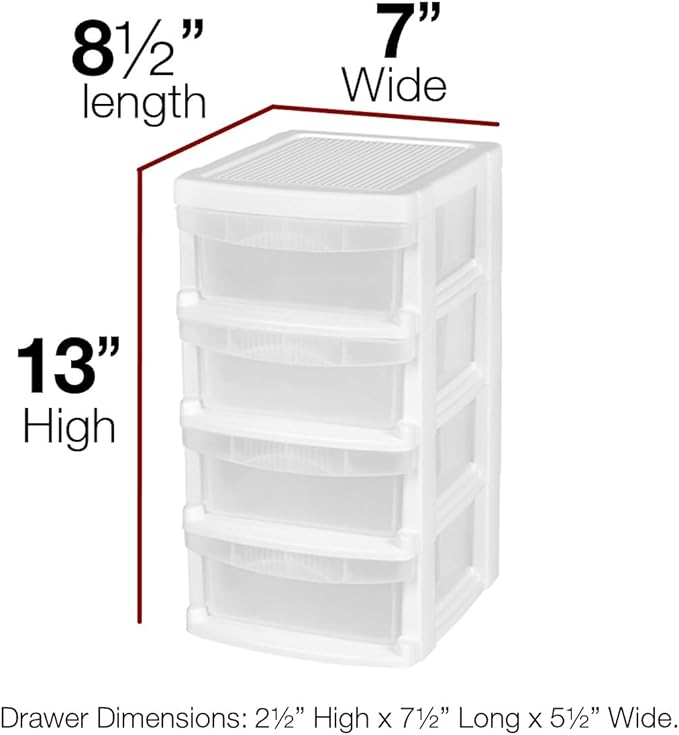 Mini Plastic Stacking Desk Top 4-Drawer Storage Organizer, for Makep Vanity Nail Polish Bathroom Stationery Art Craft Supplies Kitchen Office Garage and Small Organization, Small, White