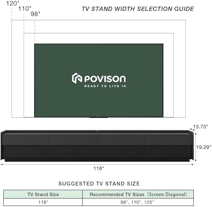 POVISON Fully-Assembled Mid Century Modern TV Stand, 118.11" Wood Media Console with Adjustable LED Light, Entertainment Center with Storage for Living Room