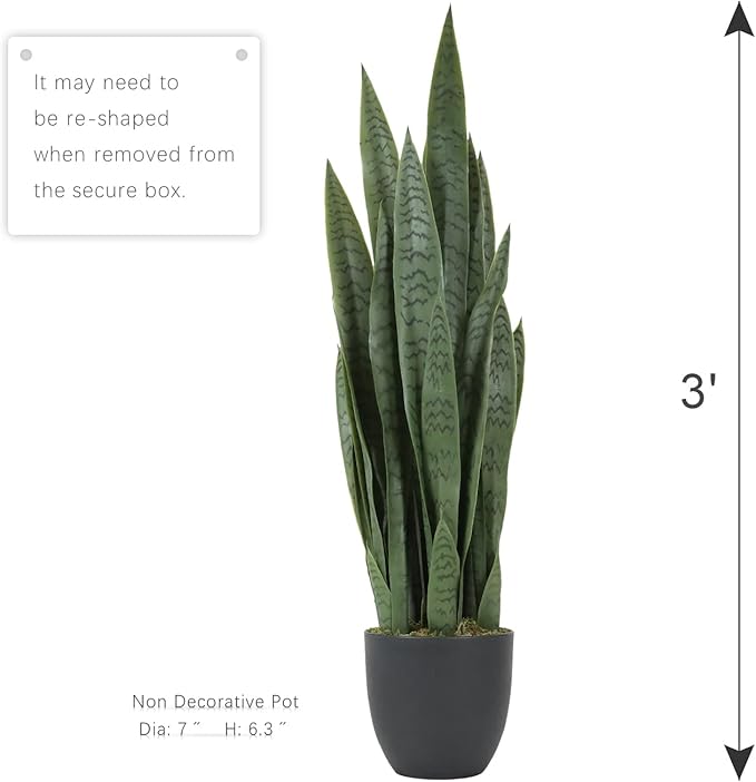 Worth Garden 3ft Artificial Snake Plant Fake Sansevieria Indoor Outdoor, 28 Thick Leaves Lifelike Faux Silk Plant, Home Decor Mother in Law Tongue Plant 35in, with Black pot & Dry Moss Included, Green
