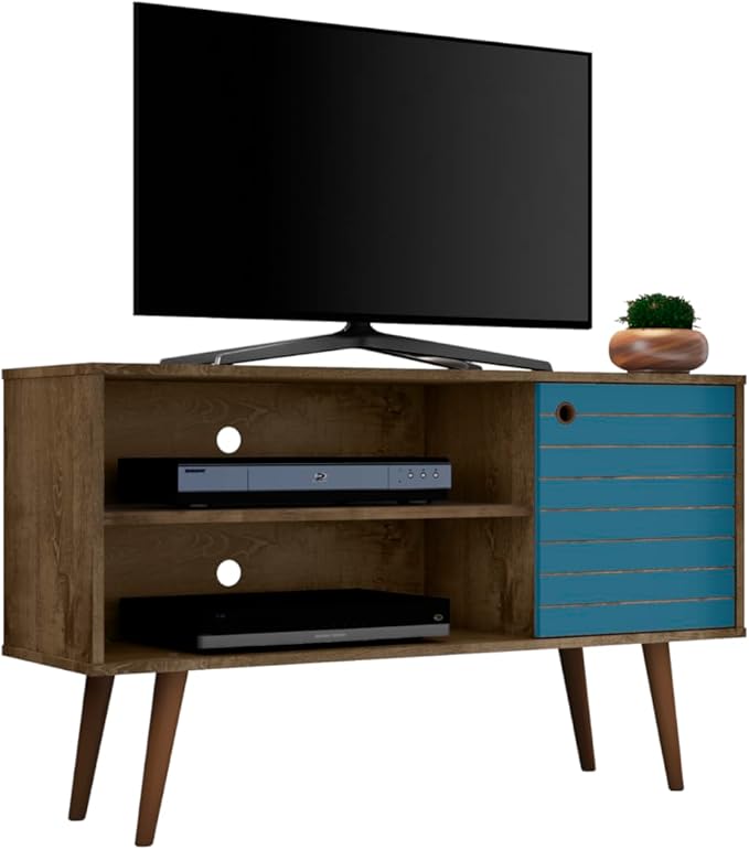 Manhattan Comfort Liberty Mid Century Modern TV Stand for Televisions up to 46 Inches, Bedroom and Living Room Entertainment Center with Storage, Shelves, and Cabinet, 43" Wide, Rustic Brown/Aqua