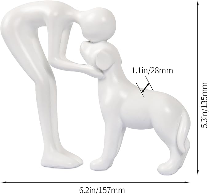 Dog Sculpture Home Decor Cute Man and Dog Statue Decoration for Office、Living Room、Bedroom、Home， Memory Gifts for Pet Lovers (White)