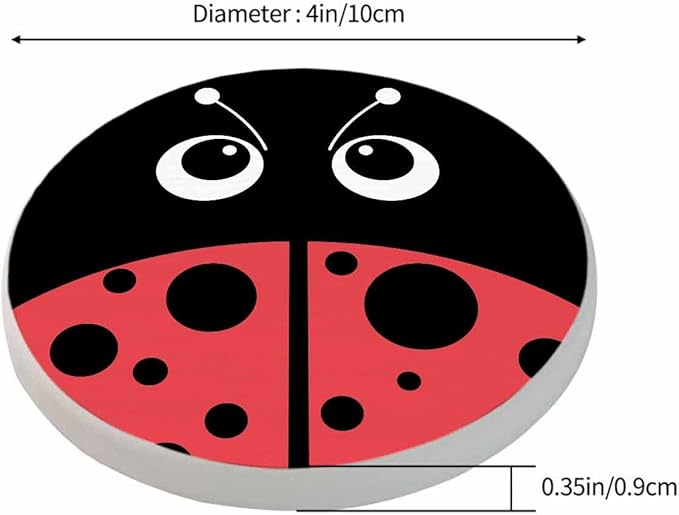 Cute Ladybug Round Coaster for Home Coffee Table Cartoon Insect Isolated Lovely Red Animal Farmhouse Drink Coasters 100% Diatomite 4''X 4''X 0.35'' Printed Pattern