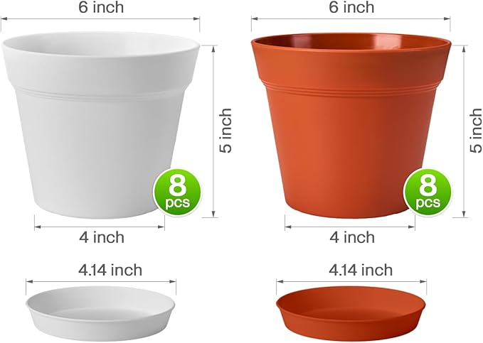 homenote Plant Pots,6 Inch Flower Pots for Plants Plastic Planters for Indoor with Multiple Drainage Holes and Trays, for All Home Garden Flowers Succulents,Outdoor(White&Red,16 Pack)