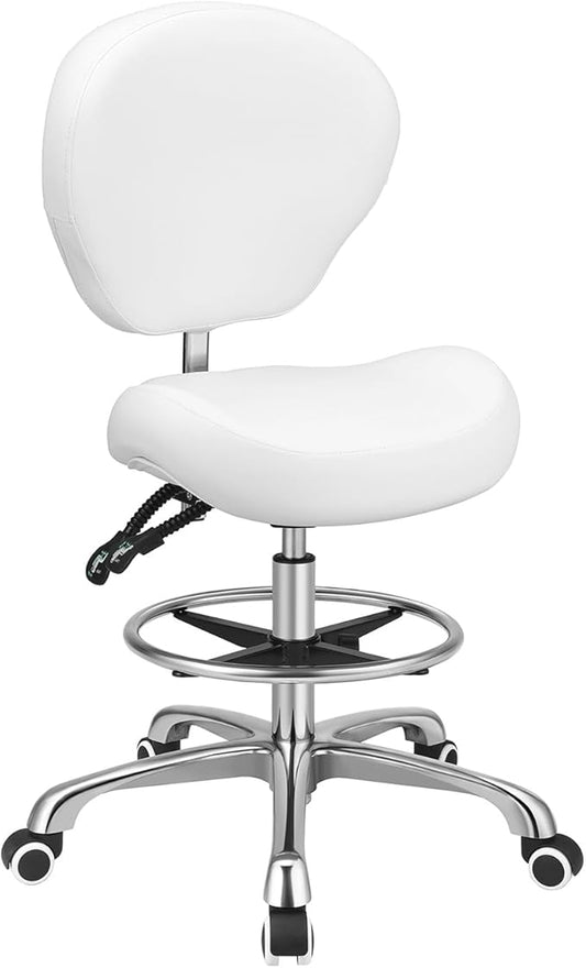 Kaleurrier Adjustable Height Drafting Stool Drafting Chair with Backrest & Foot Rest,Swivel Rolling Stools for Work Studio Dental Office Salon Kitchen Counter Tall Home Desk Chairs (White)