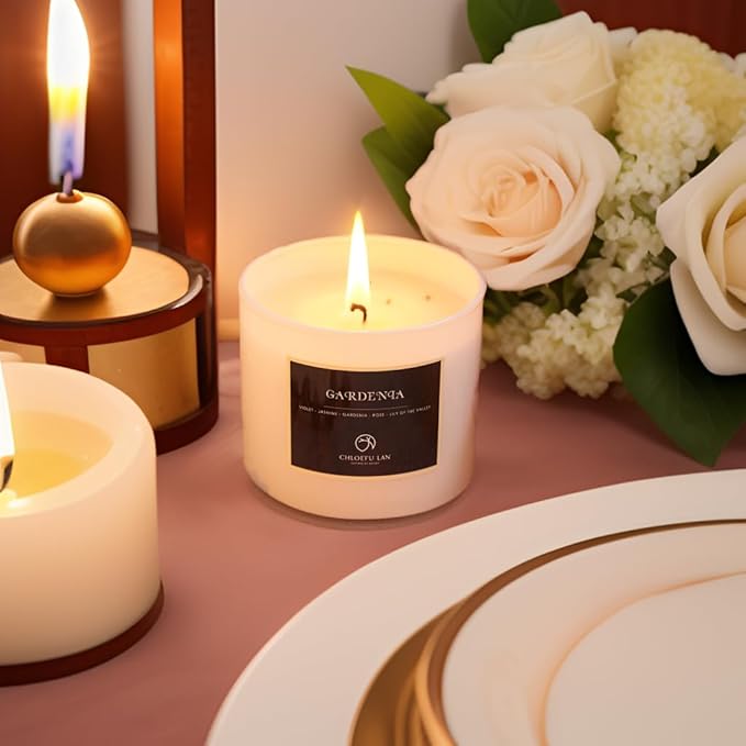 Chloefu LAN Premium Gardenia Scented Candle for Men & Women, Highly Scented, 7.1oz|45 Hour Long Lasting, All Natural Soy Candles, Home Decor, White Glass Jar Candle with Gift Box