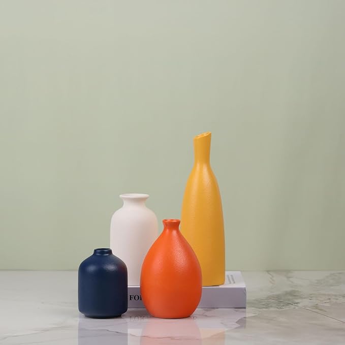 Colorful Ceramic Bud Vases Set of 4 - Modern Yellow, Orange, Blue Small Vases for Home Decor - Ideal for Living Room, Kitchen, Office, Bathroom, Mantle, Entrance, Farmhouse & Coffee Table Decorations