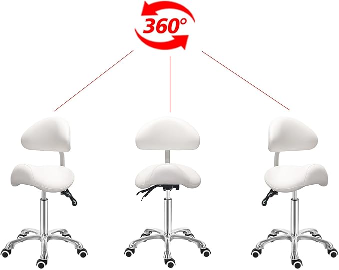 Antlu Saddle Stool Chair with Back Ergonomic Rolling Esthetician Seat for Salon Tattoo Shop Spa Dentist Clinic (Adjustable Backrest, White)