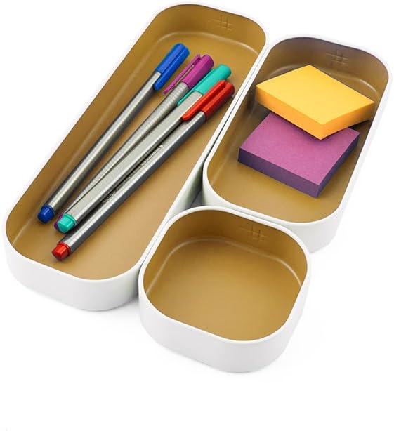 Three by Three Seattle 3 Piece Shallow Metal Organizer Tray Set for Storing Makeup, Stationery, Utensils, and More in Office Desk, Kitchen and Bathroom Drawers (1 Inch, Gold and White)
