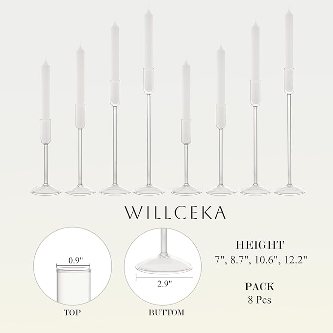 Candle Holder, Glass Taper Candle Tall Candlestick Holder, 4 Different Heights, for Table Centerpiece, Wedding, Party, Clear, 8pcs