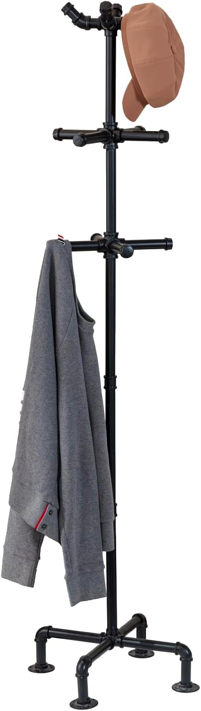 MyGift 64 Inch Industrial Black Metal Freestanding Coat Rack Stand with Realistic Pipe Design and 12 Hooks, Entryway Organizer for Hanging Coats, Hat, Handbags, Scarves