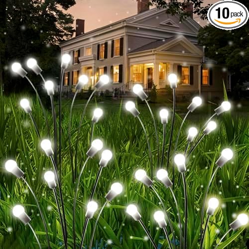 OZS 10 Pack Total 80 LED Solar Firefly Lights Fairy Outdoor - Solar Garden Lights Outdoor, Sway by Wind, Waterproof for Garden Patio Pathway Fairy Decoration (Cold White)