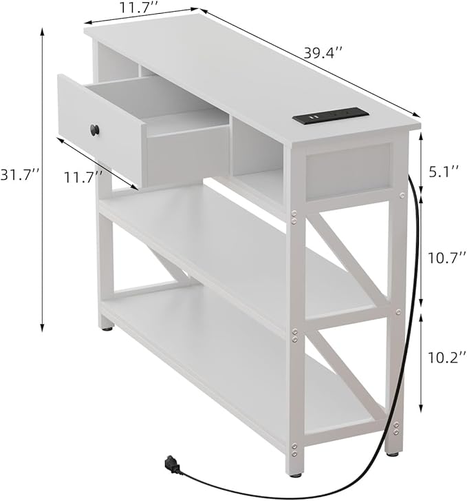 Mexin 39 Inch Console Table with 2 Outlet and 2 USB Ports, Entryway Table with Drawer and Storage Shelves, Narrow Sofa Table for Living Room and Hallway, White