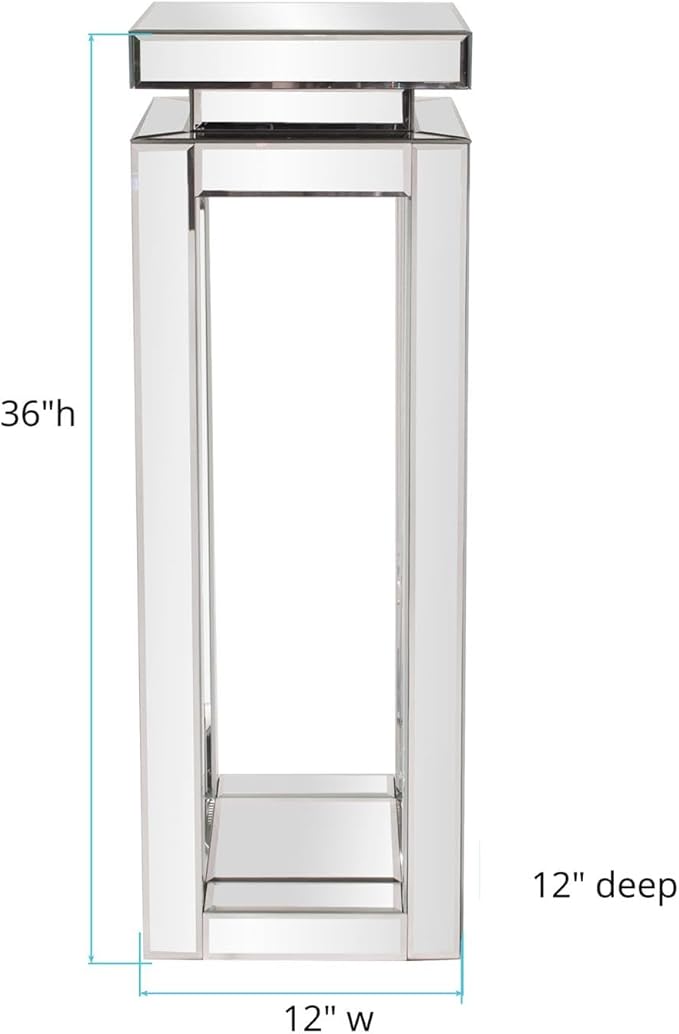 Howard Elliott Large Silver Mirrored Pedestal Accent Table for Home Decoration, Mirrored Finish Design End Table for Bedroom, Entryway or for Any Room, 12 x 12 x 36 inches