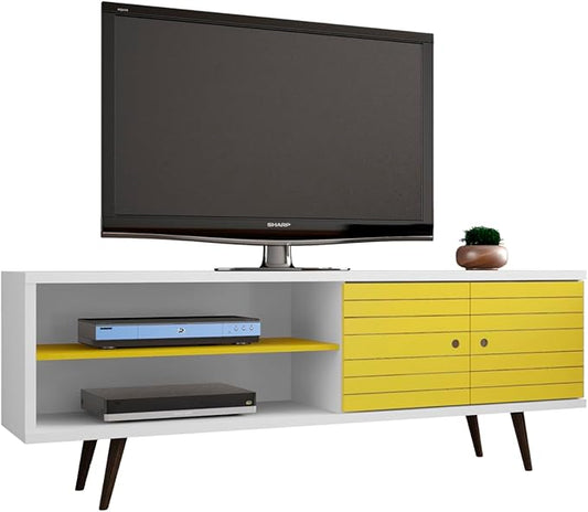 Manhattan Comfort Liberty Mid Century Modern TV Stand for Televisions up to 60 Inches, Bedroom and Living Room Entertainment Center with Storage, Shelves, and Cabinet, 63" Wide, White/Yellow