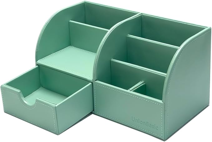 UnionBasic Desk Organizer - Multifunctional Leather Desktop Pen Holder Storage Box - Business Card/Pen/Pencil/Mobile Phone/Stationery Holder, Mint Green