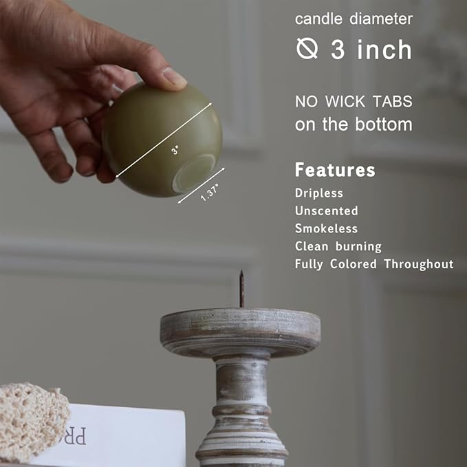 MOZEAL Hand-Poured, 3 Inch Sage Green Round Ball Candles - Elegant Sage Green Round Pillar Candles Set of 3, Dripless, Unscented, Smokeless, Ideal for Spa and Relaxation Themes.
