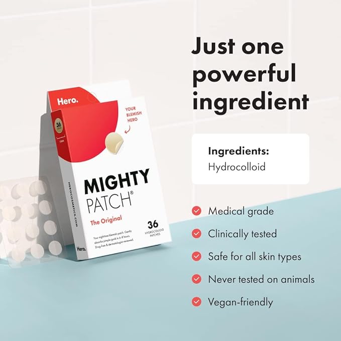 Mighty Patch™ Original patch from Hero Cosmetics – The #1 Hydrocolloid Acne Pimple Patch for Shrinking Zits and Whiteheads in 1 use; Nighttime Spot Stickers for Face and Skin (36 Count)