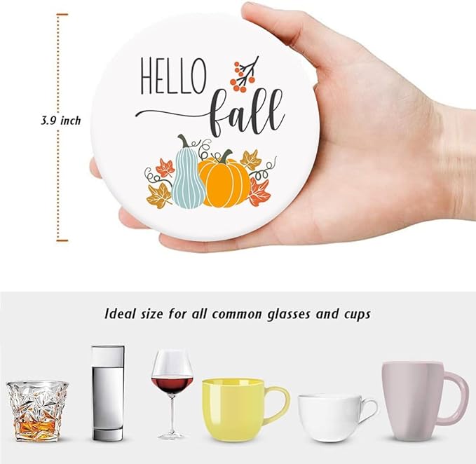 Fall Drink Absorbent Coasters with Holder Set of 6, Ceramic Stone with Cork Base, Autumn Orange and Blue Pumpkin Pattern Coaster for Drinks, Gift for Housewarming Room Bar Home Decor Kitchen