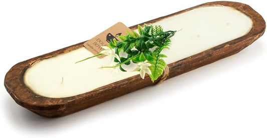 Dough Bowl Candle Co. Honeysuckle Jasmine Soy Candle - 6 Wick Rustic Farmhouse Coffee Table Decor, Odor Eliminator in Wooden Bowls, 32 Oz Wooden Dough Bowl Candle, All-Natural Gifts for Women or Men