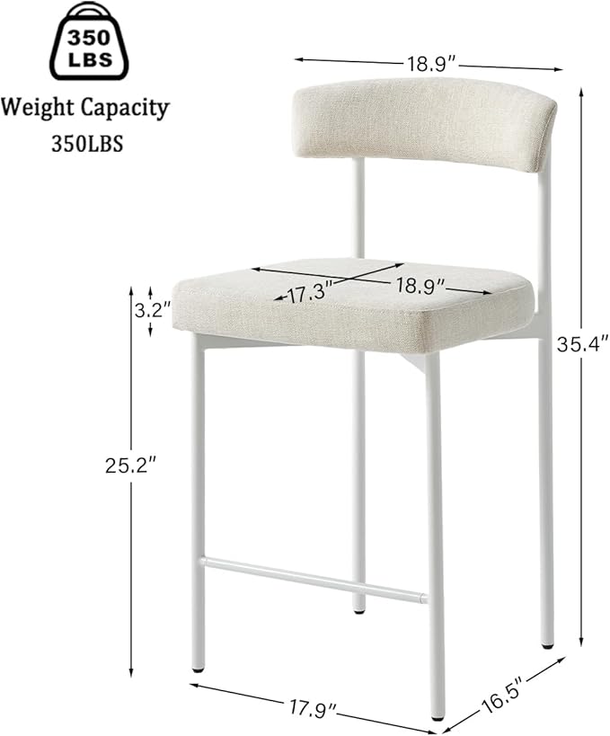 Beige Modern Bar Stools Set of 2, 24 Inch Counter Stools with Curved Backrest, Counter Height Bar Stools for Kitchen Island