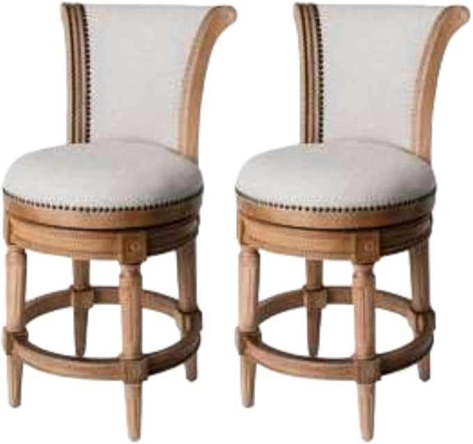 Maven Lane Pullman Counter Stool 26 Inches – Set of 2 – Swivel Stools with Footrest – Light Brown Solid Wood Frame & Natural Fabric Upholstery – Perfect for Kitchen Islands & Counters