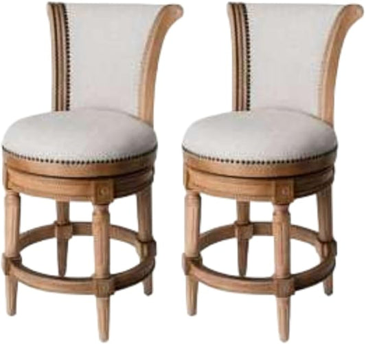 Maven Lane Pullman Counter Stool 26 Inches – Set of 2 – Swivel Stools with Footrest – Light Brown Solid Wood Frame & Natural Fabric Upholstery – Perfect for Kitchen Islands & Counters