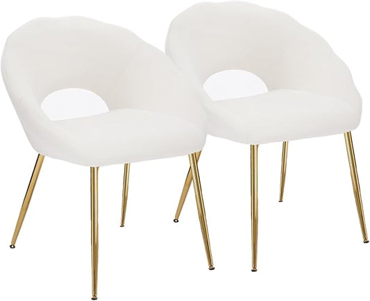 Modern Small Accent Chair Set of 2, Comfy Velvet Vanity Chair with Shell Back & Golden Metal Legs, Decorative Chair no Wheels for Living Room, Makeup Room, Bedroom, Beige