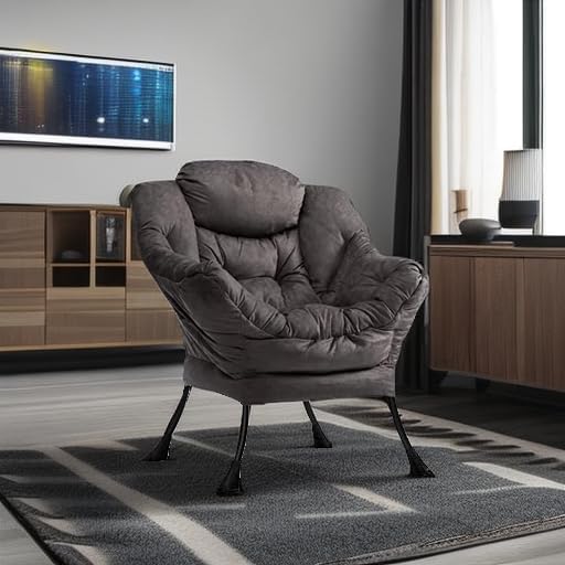 HollyHOME Modern Fabric Large Lazy Chair, Accent Oversized Comfy Reading Chair, Thick Padded Cozy Lounge Chair with Armrest, Steel Frame Leisure Sofa Chair for Living Room, Bedroom, Dorm, Coffee Grey