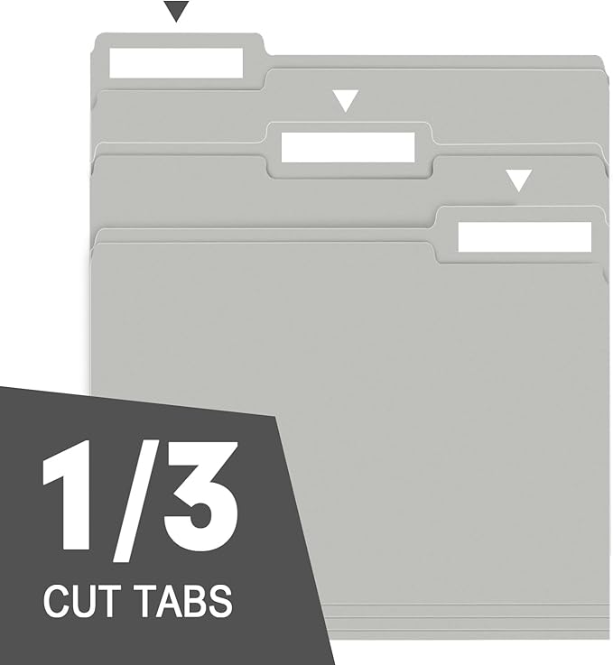 File Folder, RAZCC 100 Pack 1/3 Cut Tab File Folders Letter Size, Grey, Folders with Tab, Great for Organizing and Easy File Storage