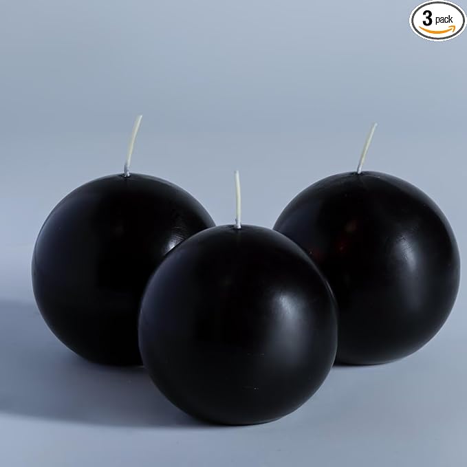 MOZEAL Hand-Poured, 3 Inch Black Round Ball Candles - Elegant Black Round Pillar Candles Set of 3, Dripless, Unscented, Smokeless, Ideal for Halloween Decor.