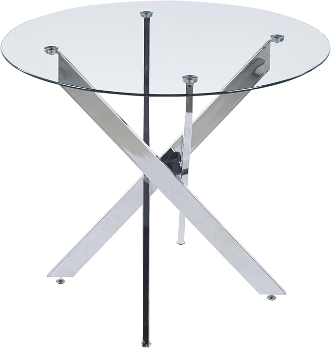 Dining Table for 4 Modern Round Dining Table 35.43" Kitchen & Dining Room Tables with Metal Legs and Glass Tabletop for Dining Room and Apartment, Chrome
