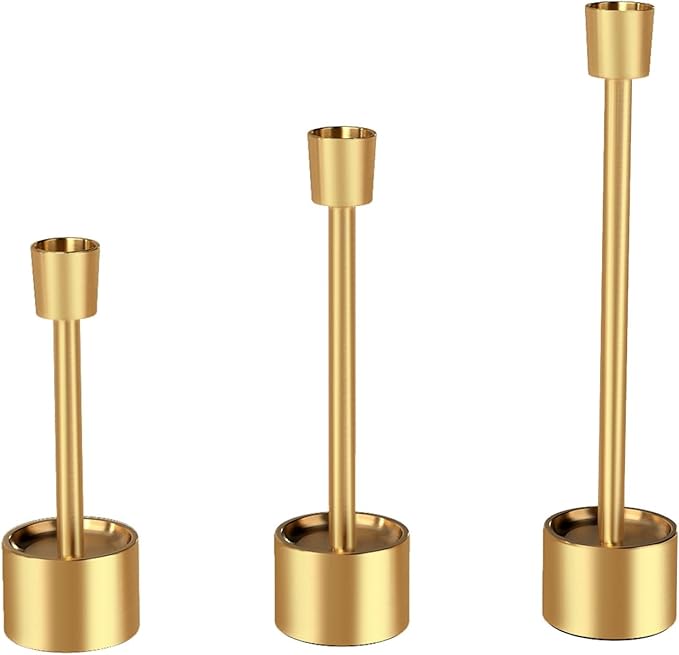 YUMORE 3-Packs Taper Candle Holders - Pillar Candlesticks Solid Stainless Steel Stands for Church, Wedding Centerpieces, Dining Table, Mantel Decor, Fireplace Party, Modern Farmhouse(Gold)