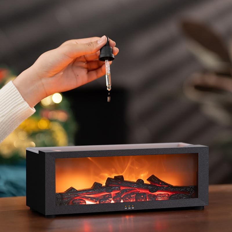 Eseential Oil Diffuser, Fireplace Flame Oil Diffuser - Aromatherapy Aroma Humidifier, Upgrade 7 Flame Colors Noiseless 150ml Remote Control - Perfect for Bedroom Home Office (Fireplace Black)