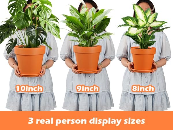 3-Pack 8/9/10 Inch Plastic Plant Pots with Saucers – Durable BPA-Free Planters with 21 Drainage Holes, Raised Bottom Breath and Bottom Watering Design for Indoor & Outdoor – Orange