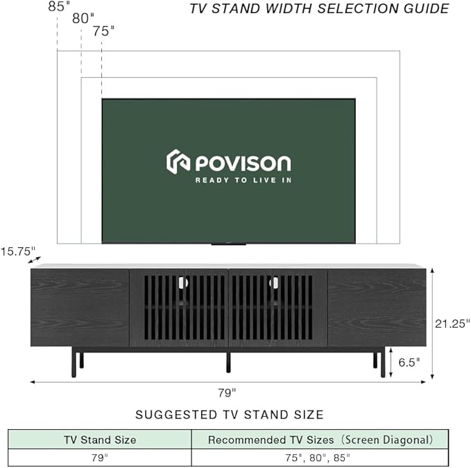 POVISON Mid Century Modern Sintered Stone TV Stand, Slatted Media Console TV Cabinet with Tall-cast Metal Legs, Fluted Entertainment Center with Storage, Fully-Assembled (Black, 78.74")