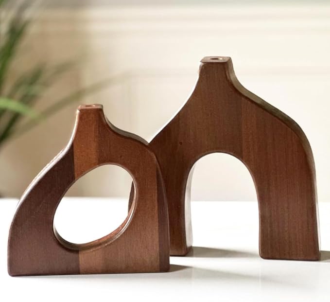 Wooden Vases for Decor Set of 2 - Small Decorative Wood Vase for Faux Flowers & Plants - Modern & Scandinavian Home Decor for Table, Centerpieces, & Living Room