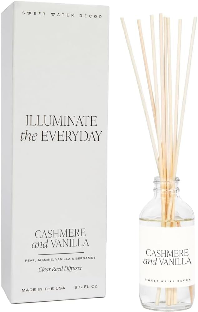Sweet Water Decor Non-Toxic Cashmere and Vanilla Reed Diffuser Set, Cashmere, Sandalwood, Milky Coconut, Bourbon Vanilla Scented Diffuser for Home, Light Fragrance, Made in The USA, 3.5 FL OZ