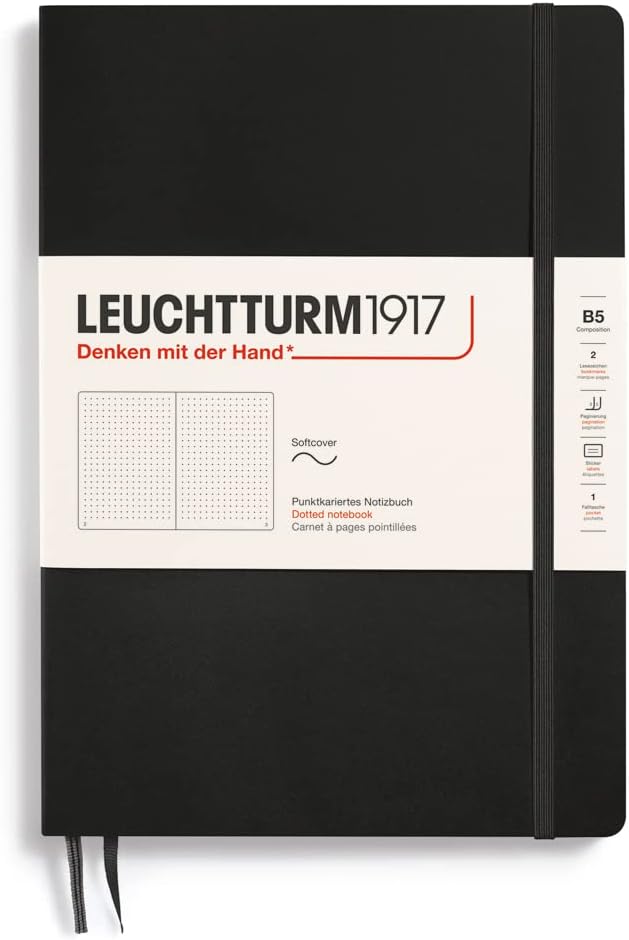 LEUCHTTURM1917 - Notebook Softcover Composition B5-123 Numbered Pages for Writing and Journaling (Dotted, Black)